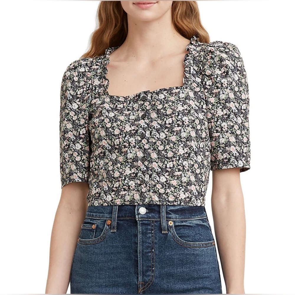 Levi's Floral Cropped Top Women's Size Large Black Pink Square Neck Puff Sleeve